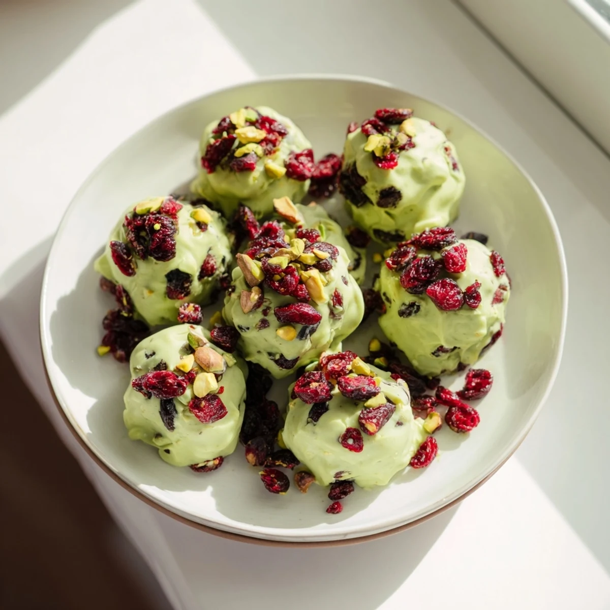 Matcha White Chocolate Cranberry Bark Clusters, a vibrant treat with hints of matcha and tart cranberries.