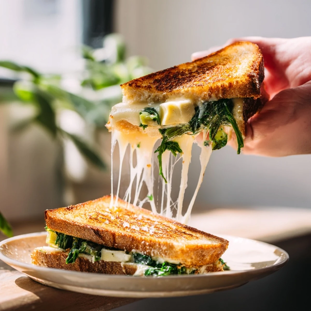 Golden-brown Sourdough Spinach Artichoke Dip Grilled Cheese, oozing with melted cheese and creamy filling.
