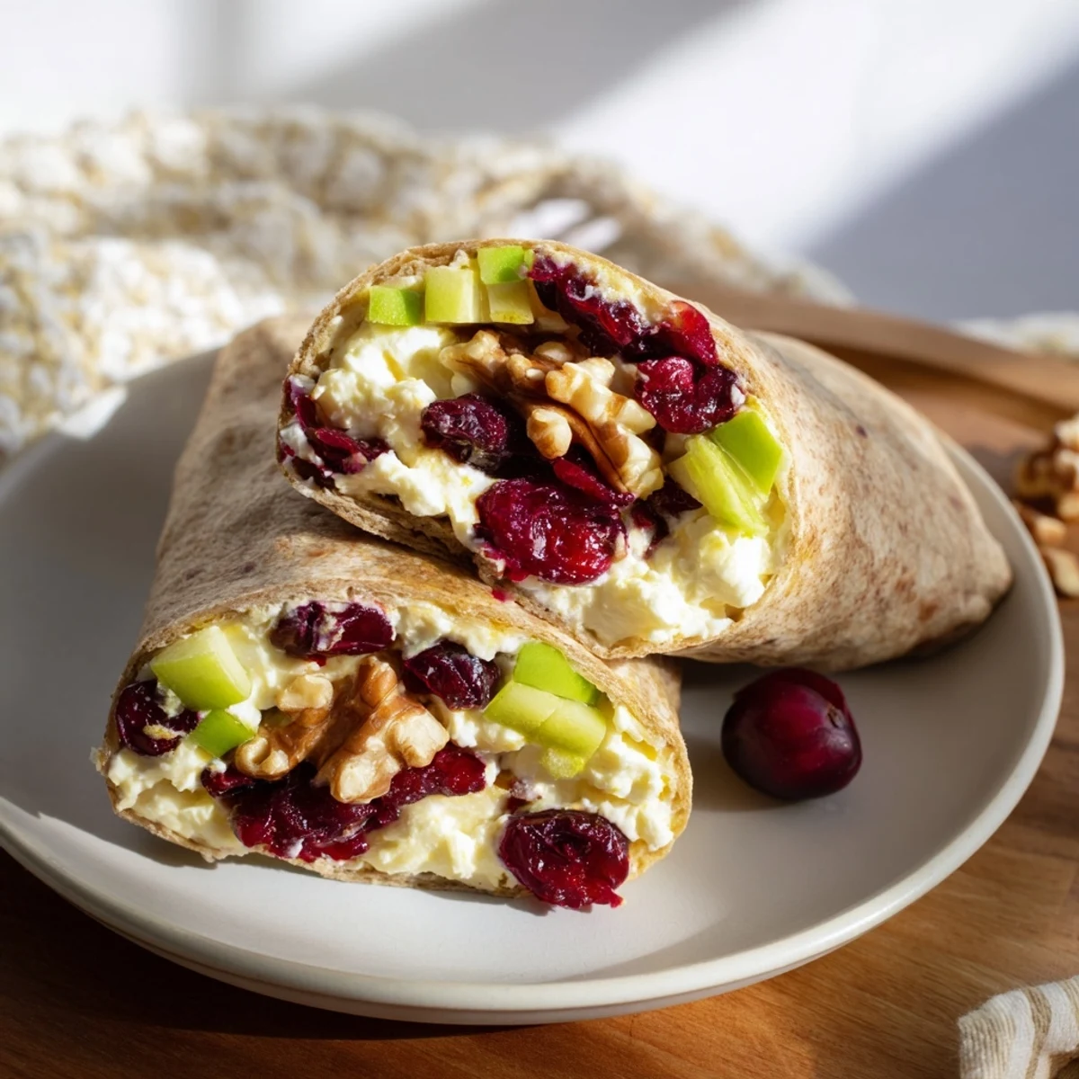 Festive Cranberry Goat Cheese & Walnut Holiday Wrap, with vibrant cranberries and creamy goat cheese.