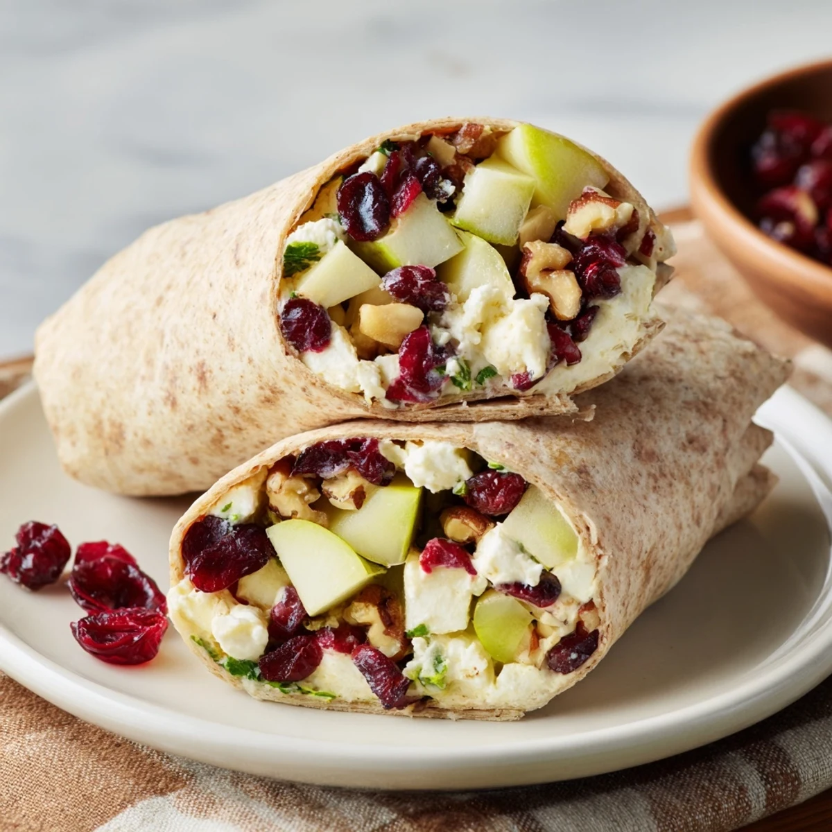 Enjoy the fresh appeal of this easy-to-make Cranberry Goat Cheese & Walnut Holiday Wrap on a plate.