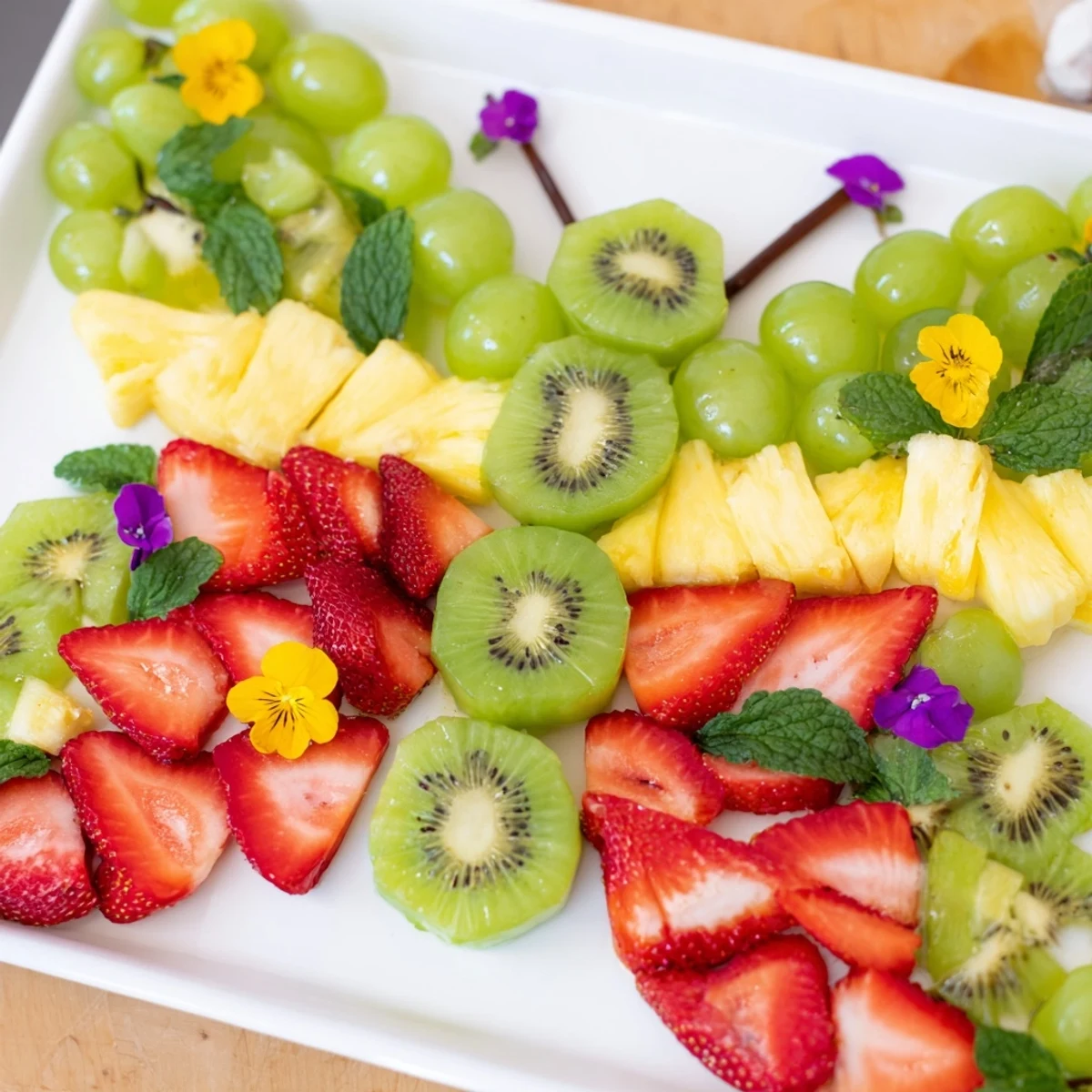 A gorgeous Butterfly Garden Fruit Board, featuring colorful fresh fruits with a creamy yogurt dip.