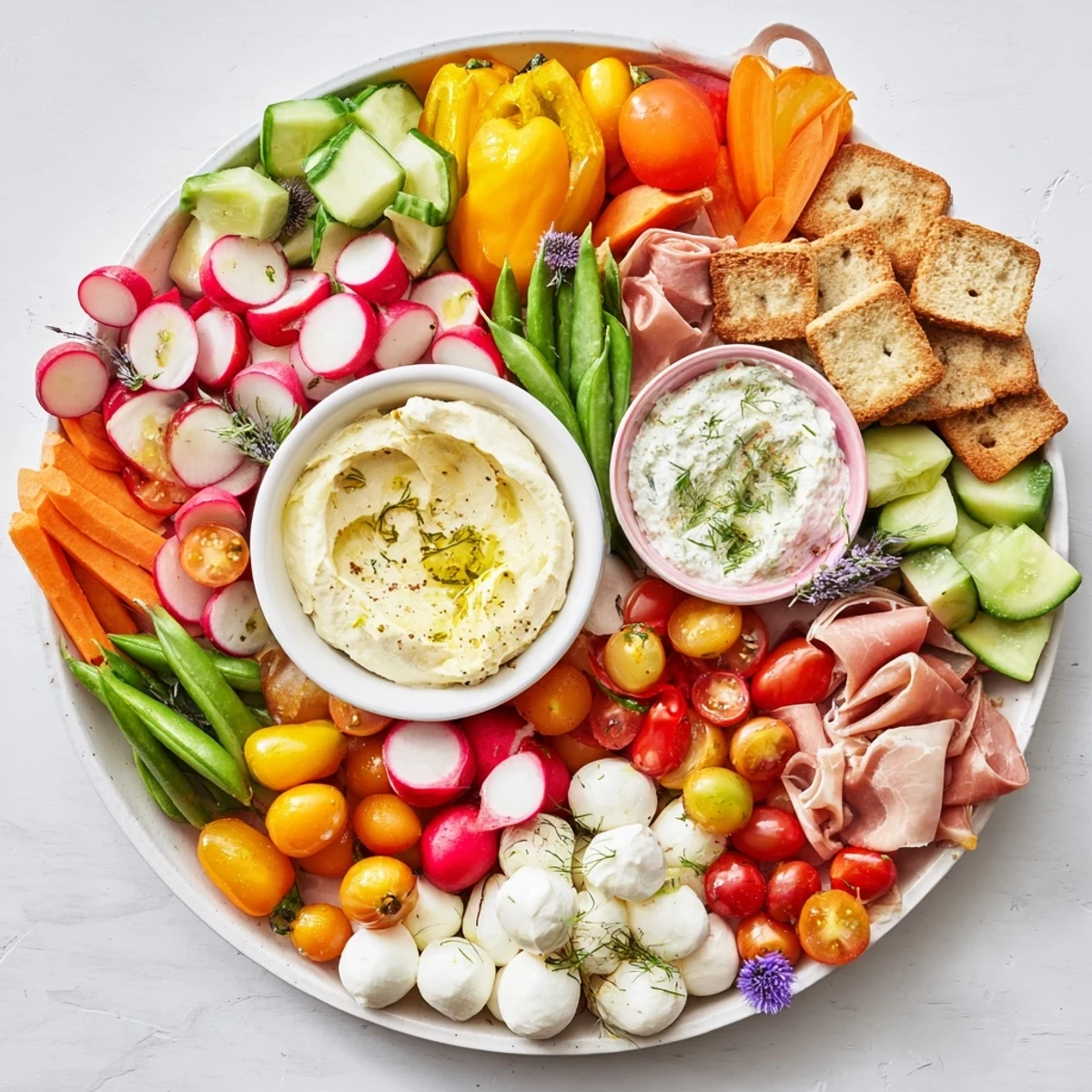 This Spring Wreath Appetizer Platter offers a beautiful display of fresh ingredients, perfect for any gathering.