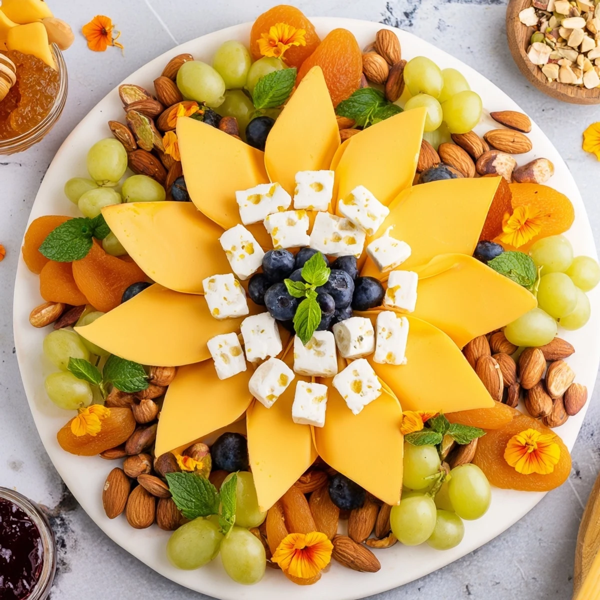 Vibrant Daffodil Cheese Board arranged artfully, featuring creamy cheeses, colorful fruits, and assorted crackers.