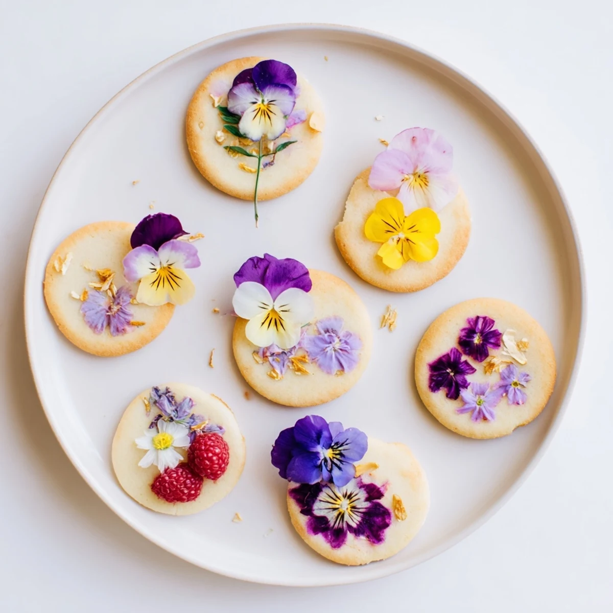 Delicate edible flowers adorn this Spring Flower Dessert Tray, offering a refreshing and pretty dessert option.