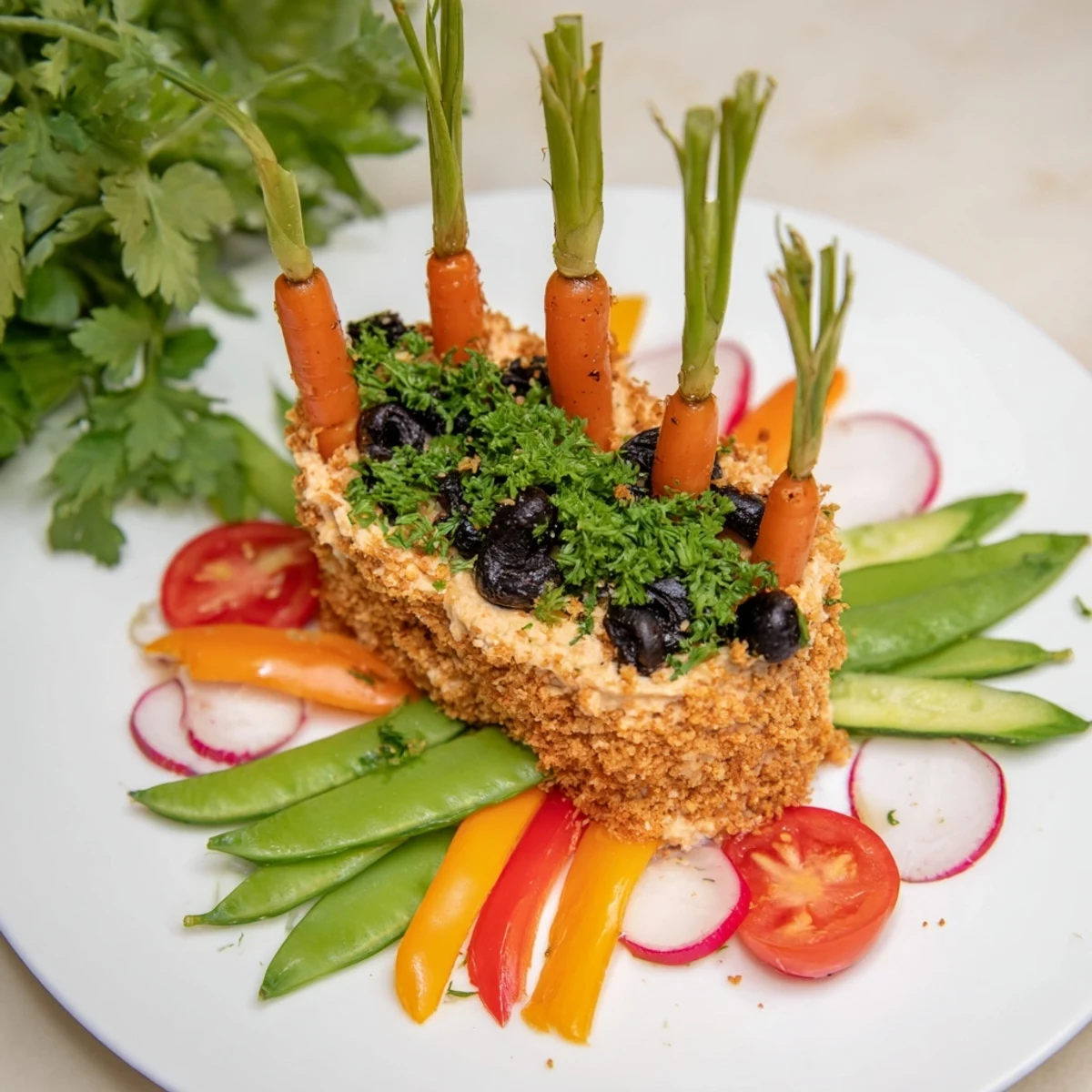 Vibrant Carrot Patch Veggie Board featuring fresh carrots, radishes, and a creamy hummus "soil" dip.