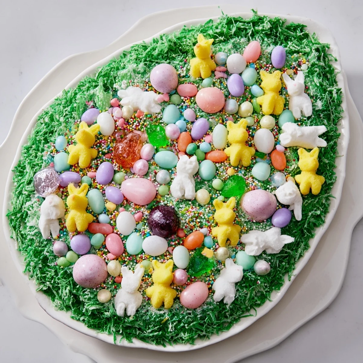 Vibrant and festive egg-shaped candy platter overflowing with delicious Easter sweets and treats.