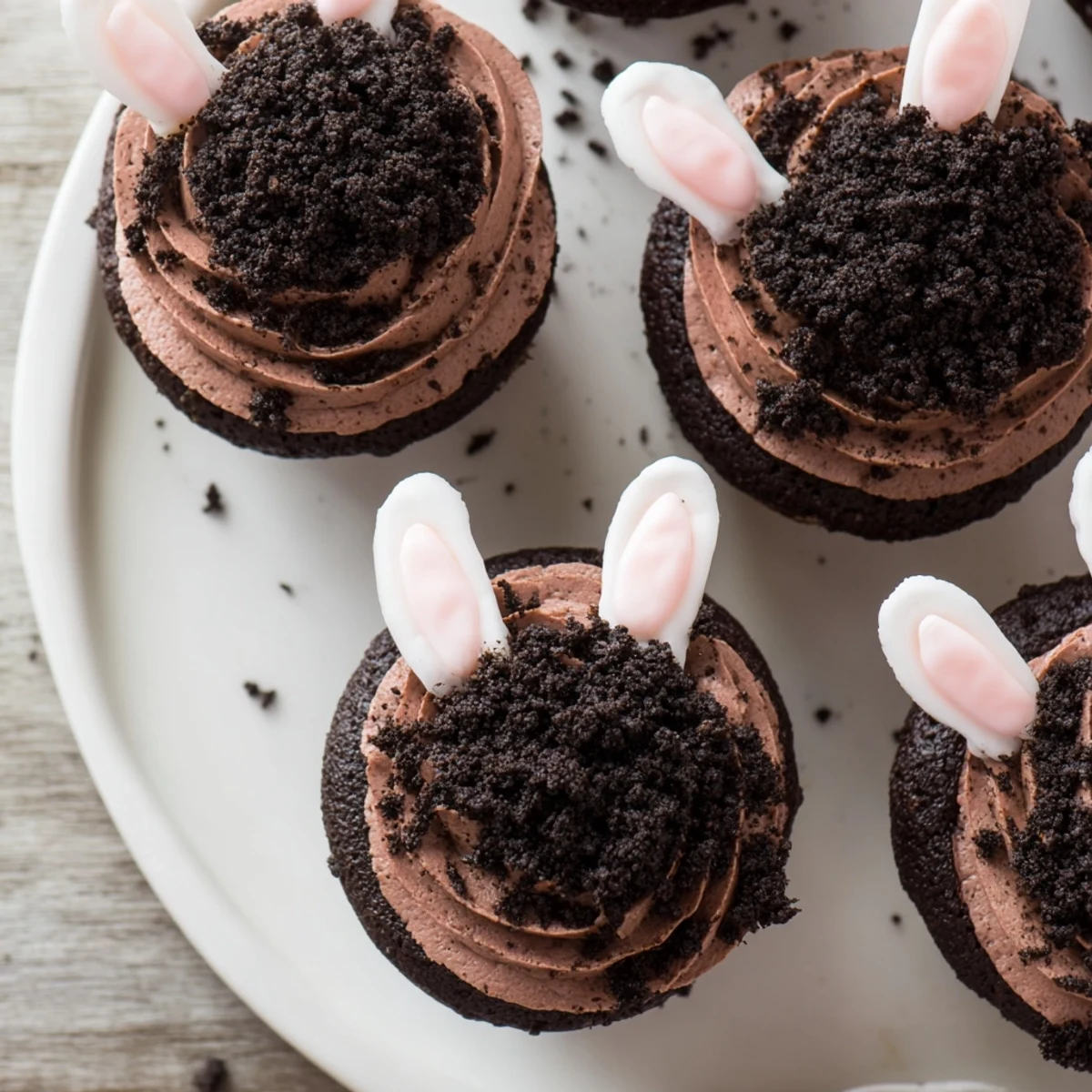 Bunny Burrow Cupcake Tray: Adorable chocolate cupcakes with chocolate buttercream, bunny feet, and cookie crumb "soil" for Easter!