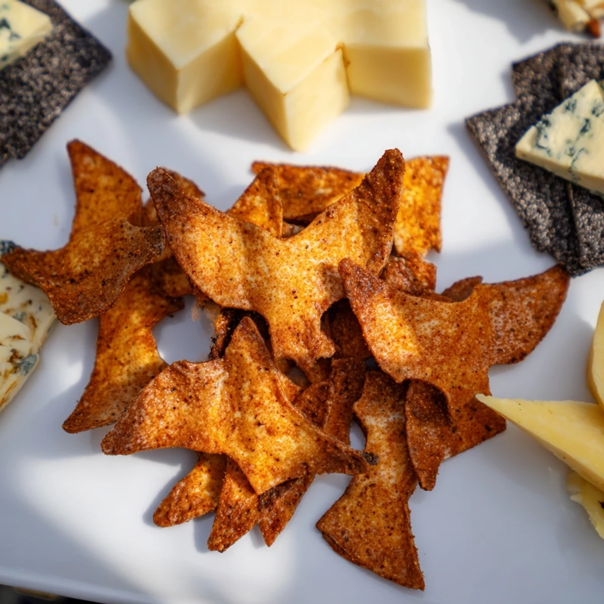 A beautifully arranged Spooky Night Bat Halloween Board with bat-shaped tortilla chips and colorful snacks.
