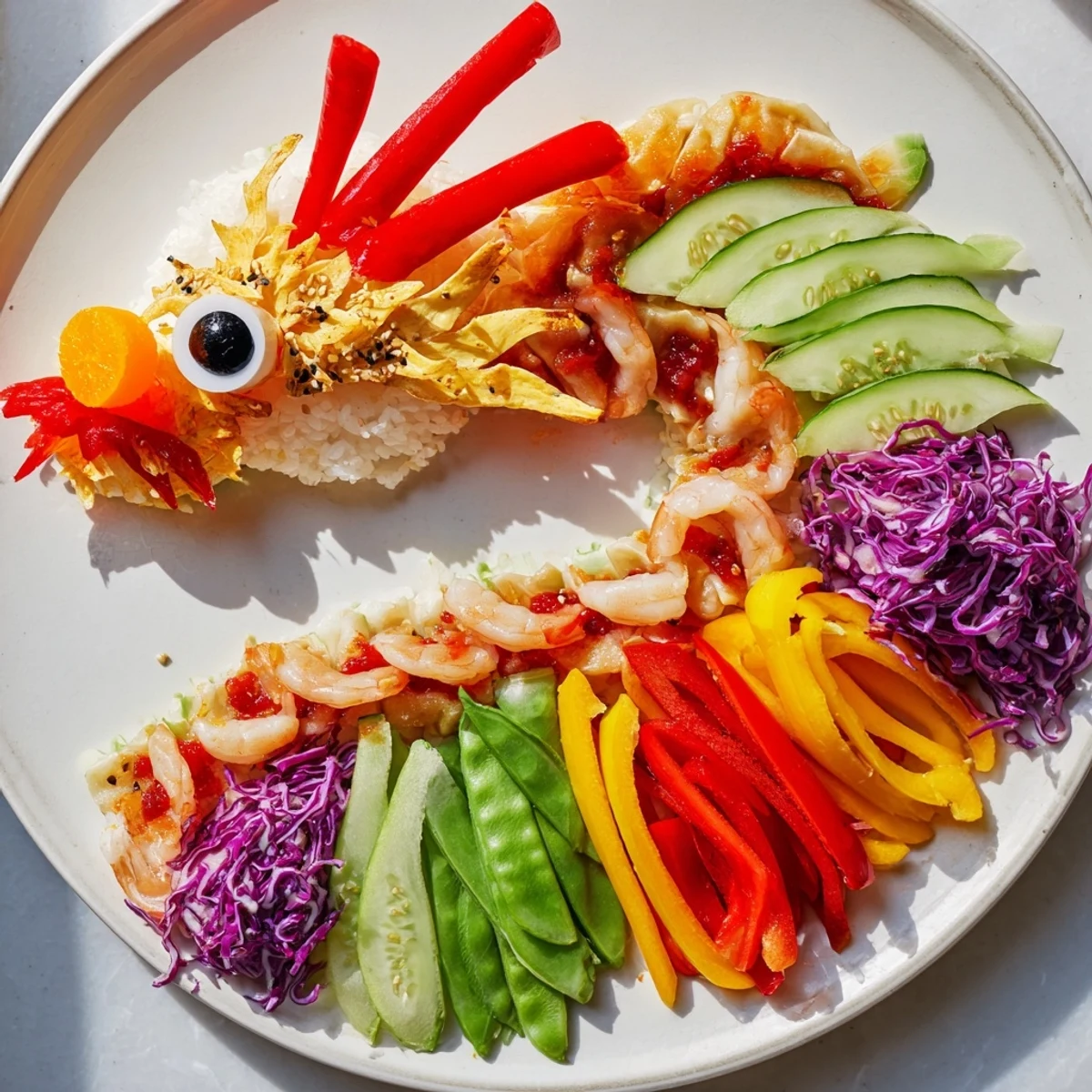 This vibrant Mighty Dragon Lunar New Year board arrangement features shrimp, pork, and colorful veggies on a platter.