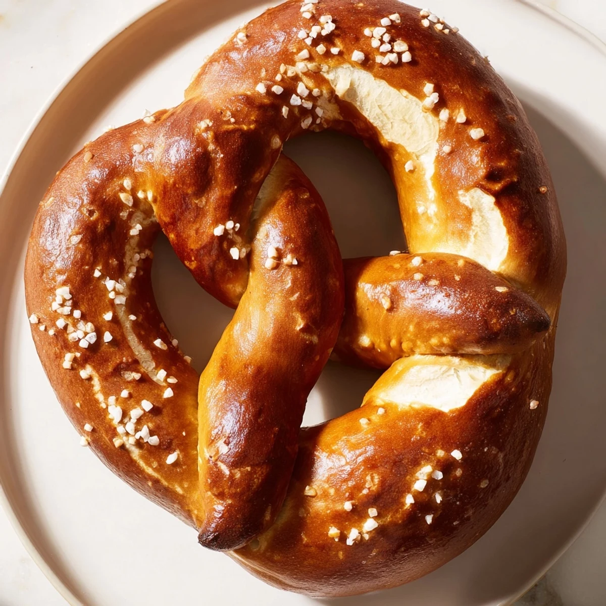 Golden-brown Bretzels Anneau de Fête, boasting coarse salt, ready for dipping into spicy mustard.