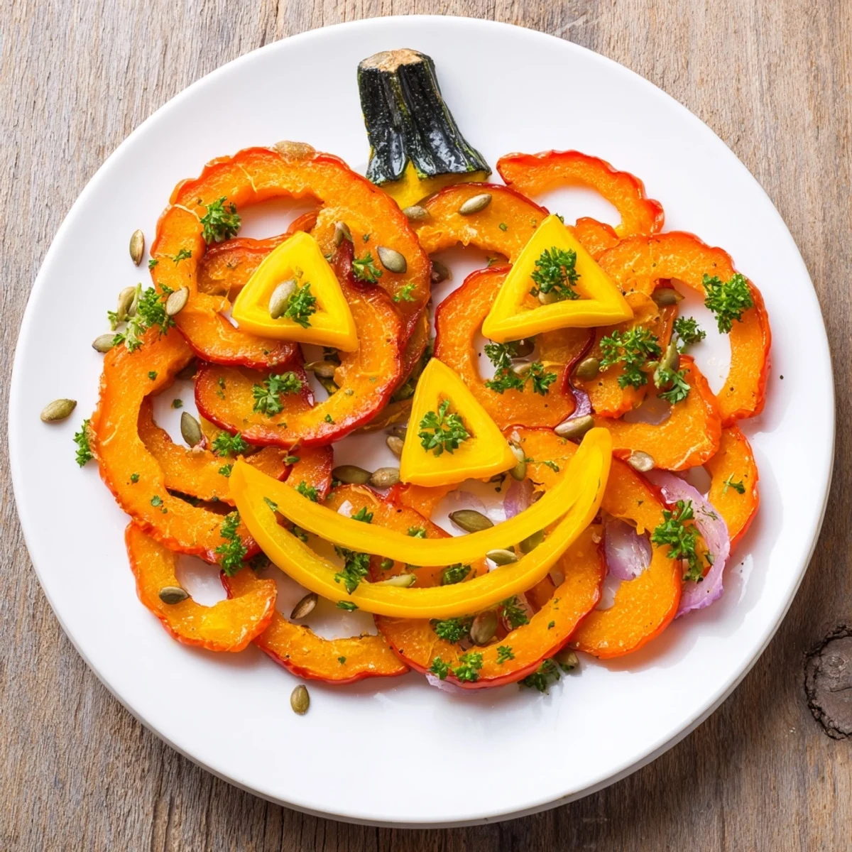Vibrant Halloween Pumpkin Lantern plate, a savory vegetarian dish with roasted vegetables.