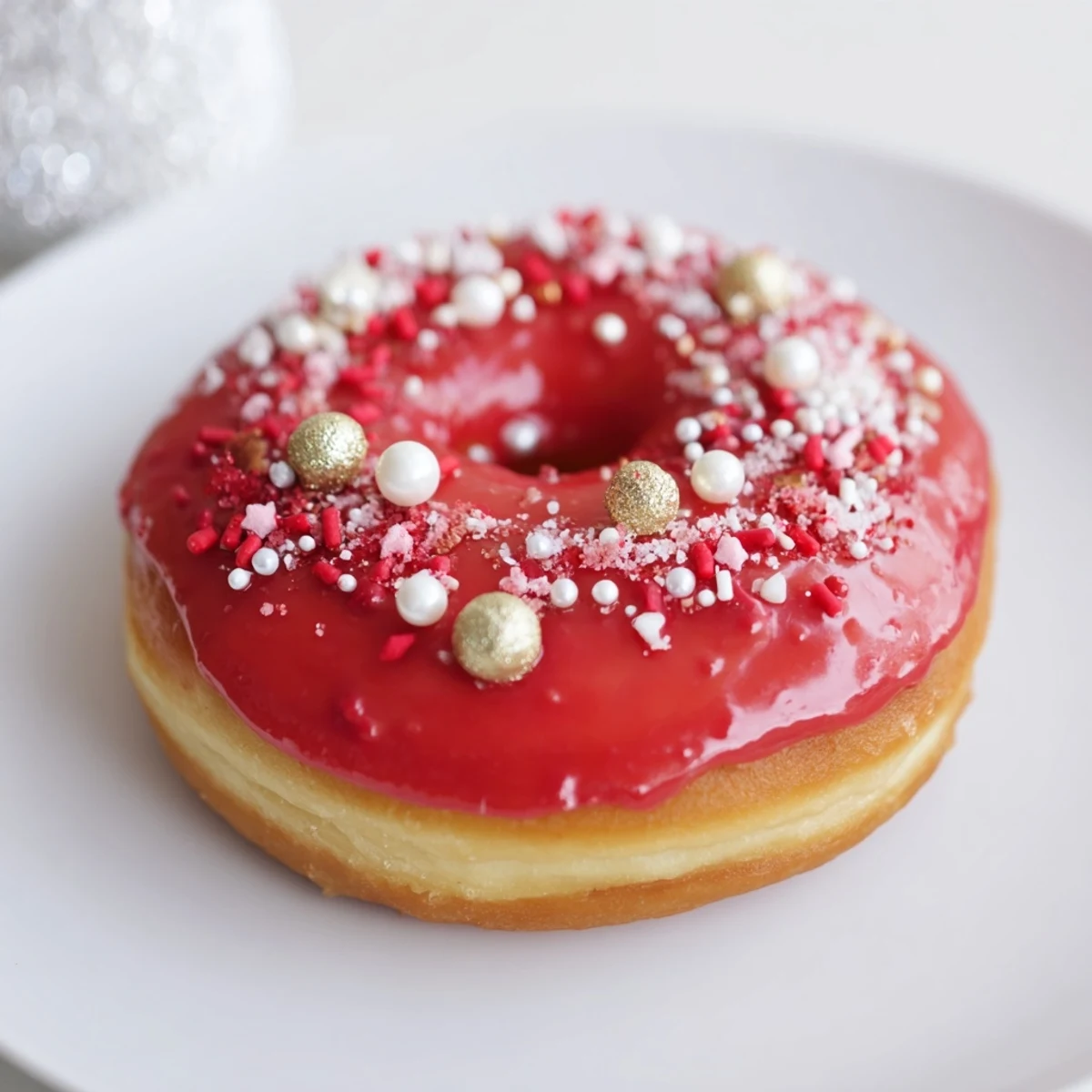 Golden Christmas Ornament Beignets, iced in festive colors, piled on a platter for holiday dessert!