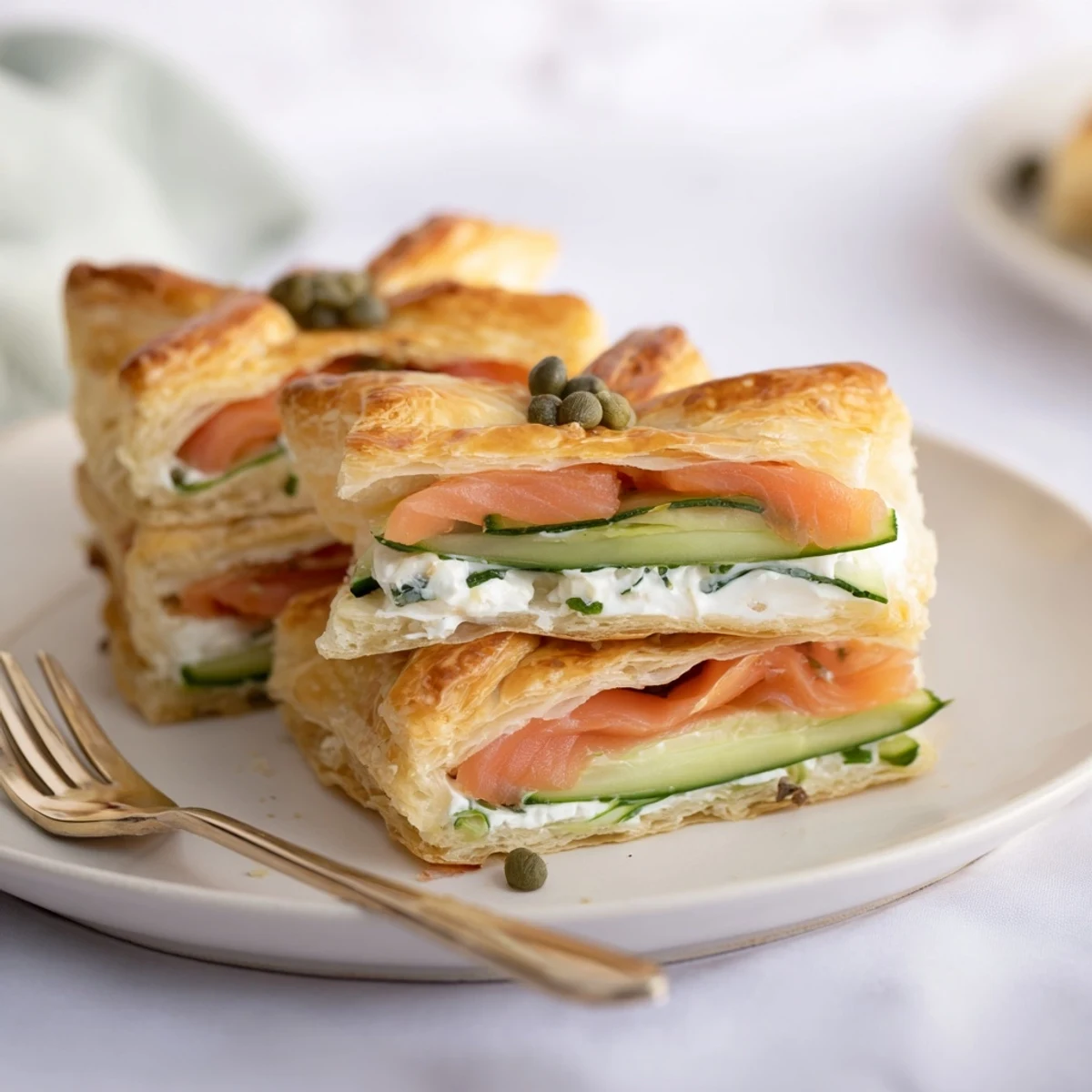 Golden Étoiles Filantes Assiette de Fin dAnnée: puff pastry stars topped with smoked salmon, ready to eat.