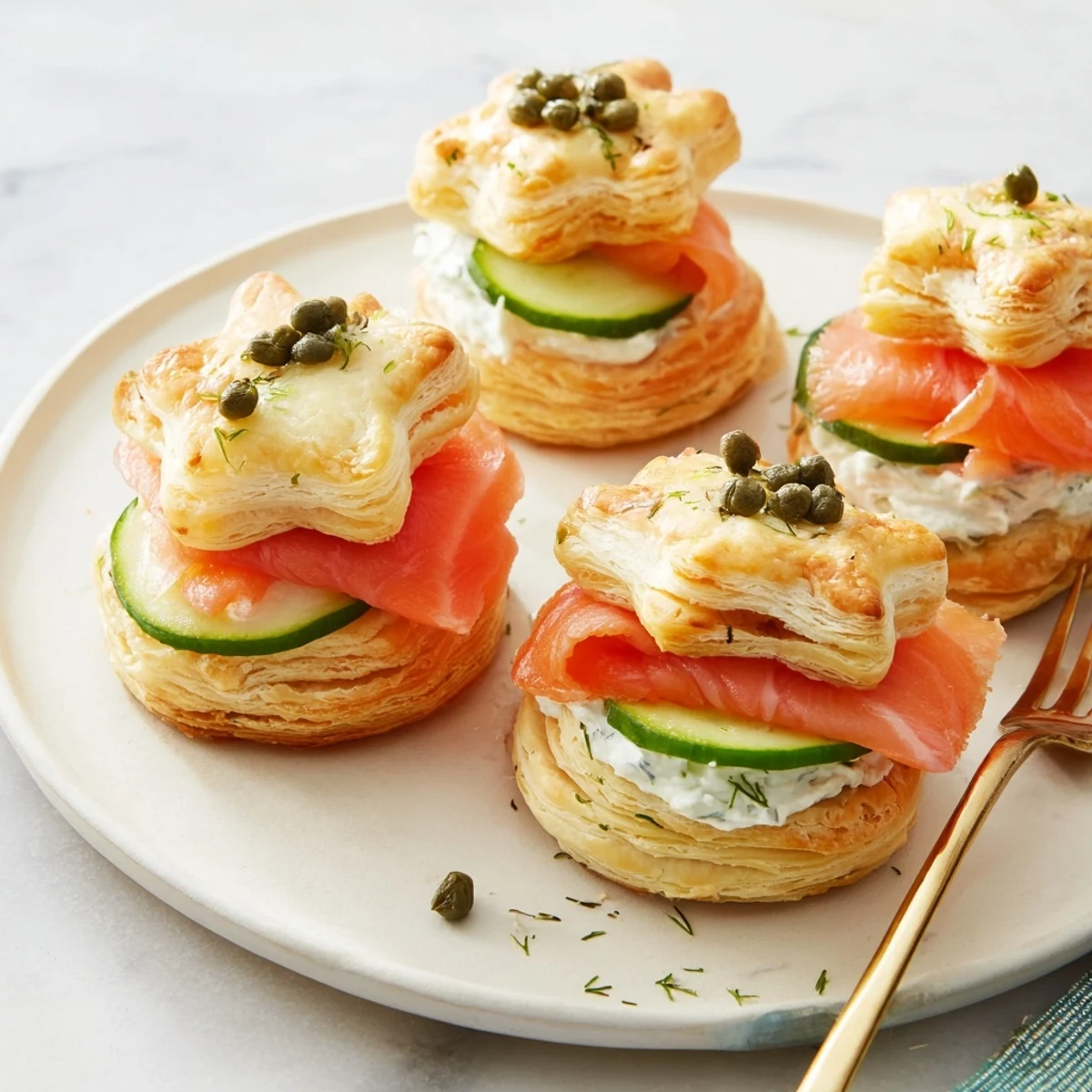 Freshly assembled Étoiles Filantes Assiette de Fin dAnnée: a gorgeous platter of puff pastry stars, salmon, and cream cheese.