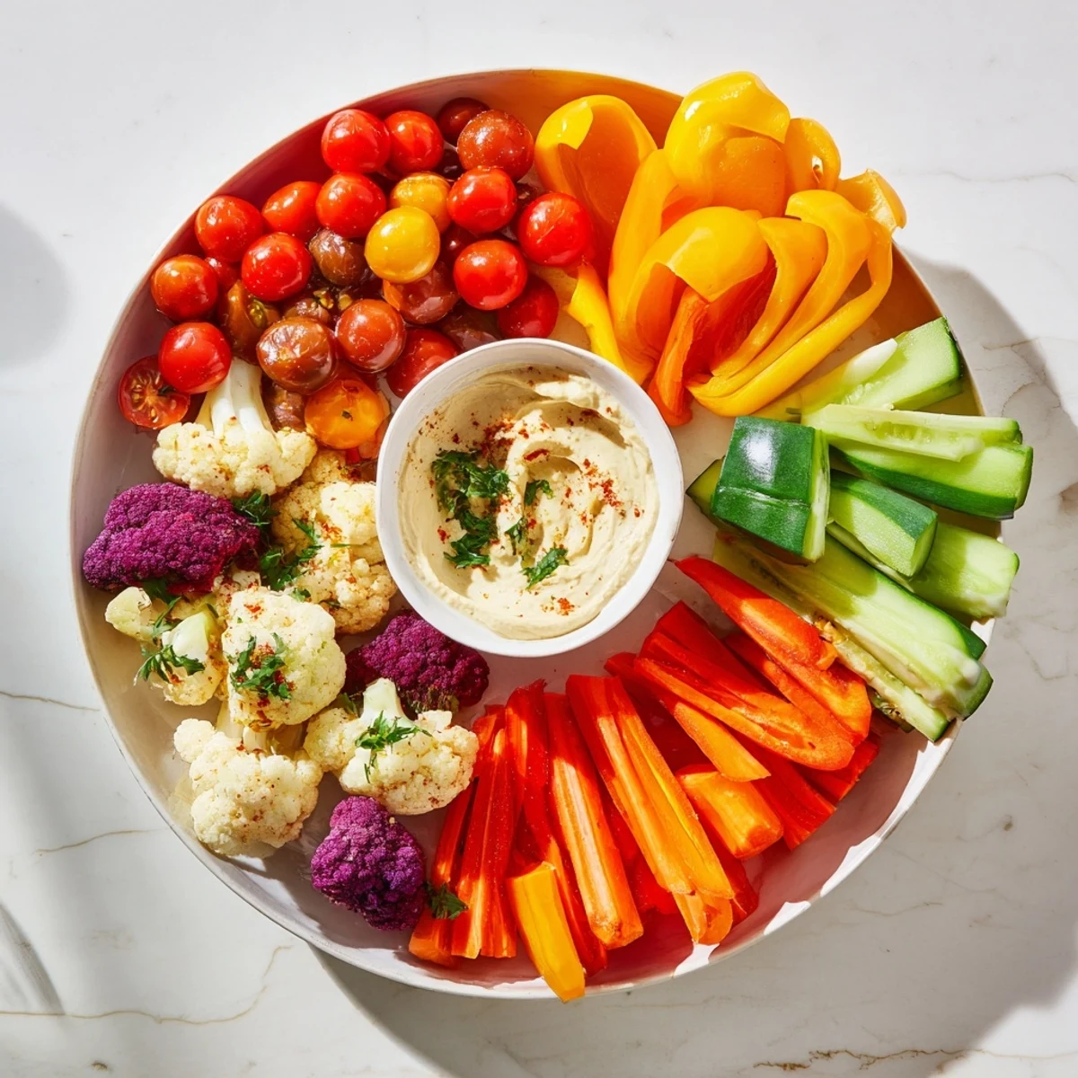 Vibrant rainbow of fresh veggies with creamy dips, perfect for sharing the Rainbow Vegetable Dips.