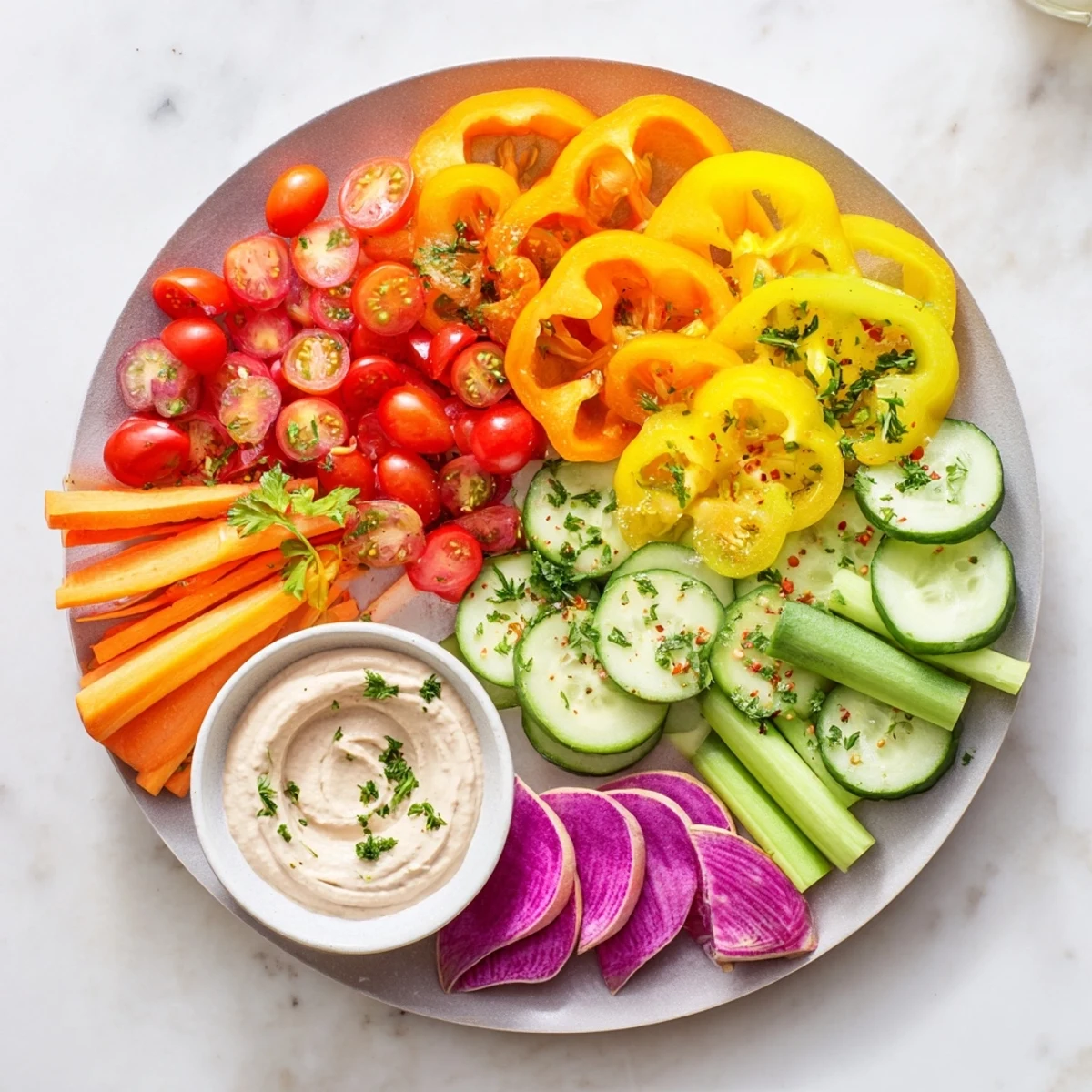 Colorful platter of Rainbow Vegetable Dips, featuring carrots, peppers, and refreshing avocado lime dip.