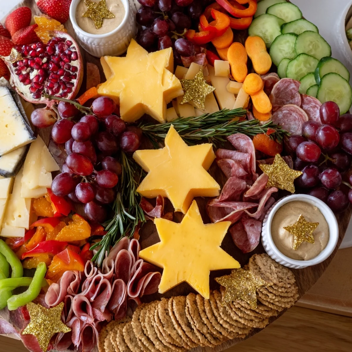 Appetizing Happy New Year 2026 star board featuring star-shaped cheese and fruits served on a wooden platter.