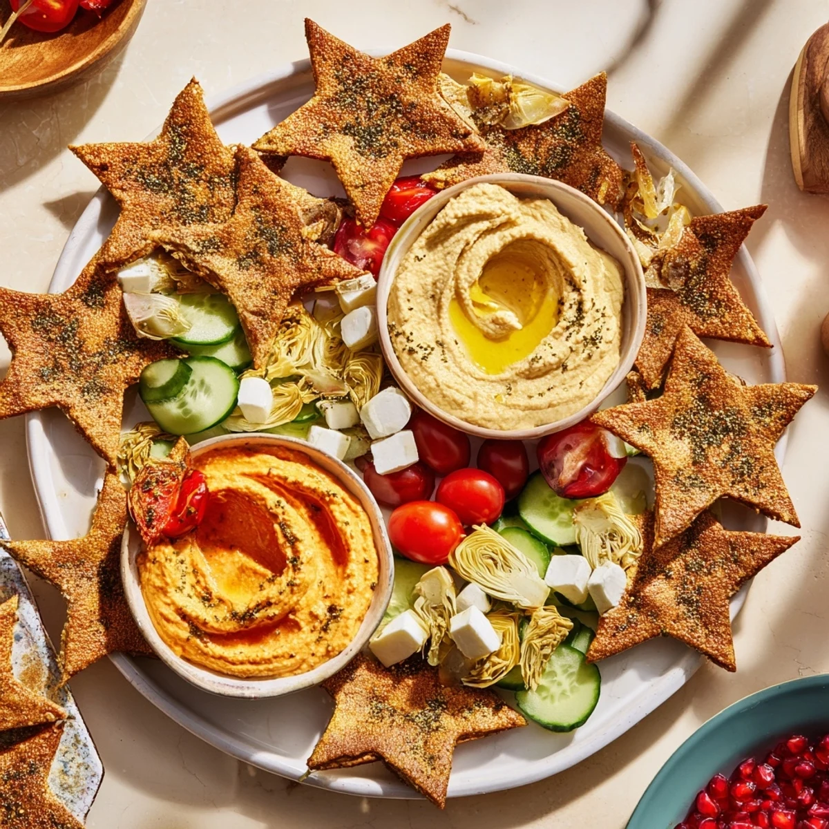 Crispy three kings star pita board, showcasing a festive arrangement of colorful dips and fresh vegetables.