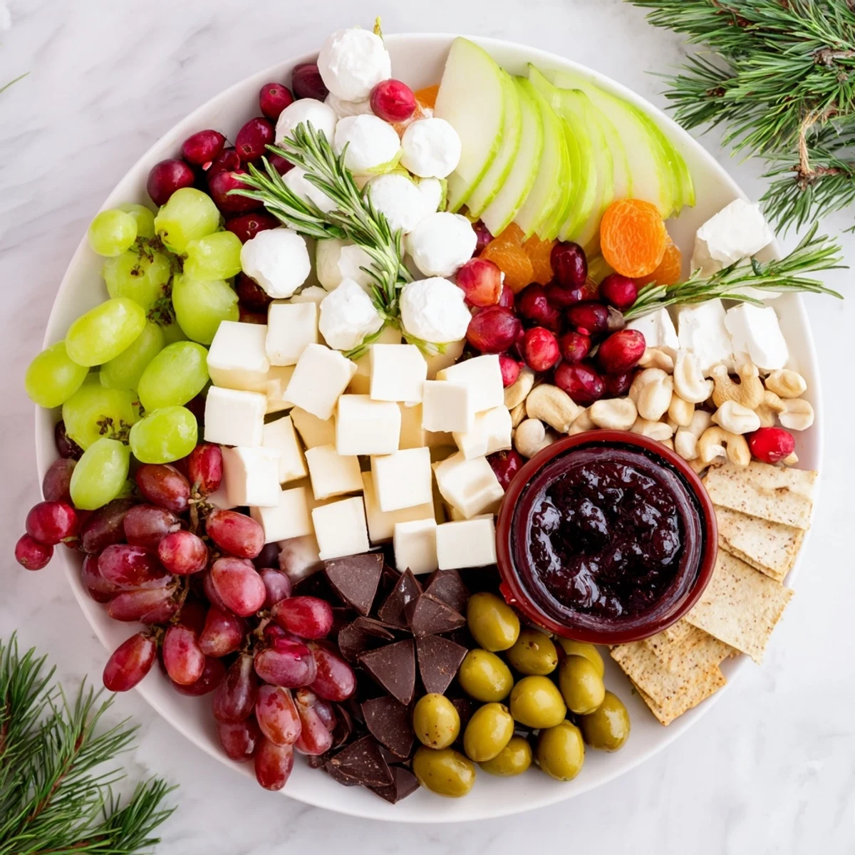 Festive Cranberry Joy Tree Board offers a delightful spread of cheeses, fruits, and crackers for sharing.