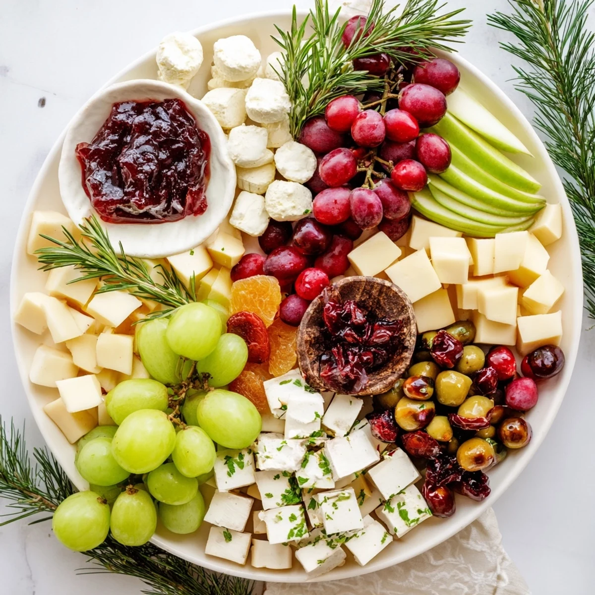 Visualize a delicious Cranberry Joy Tree Board with rosemary, creating a beautiful holiday appetizer.