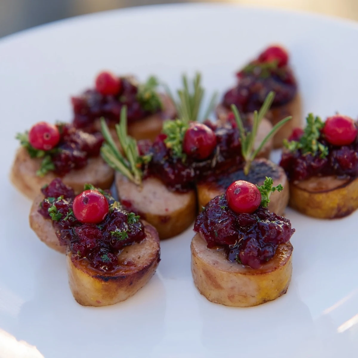 Golden-brown Festive Holly Berry Sausage Bites topped with glistening cranberry sauce and herbs, ready to serve.