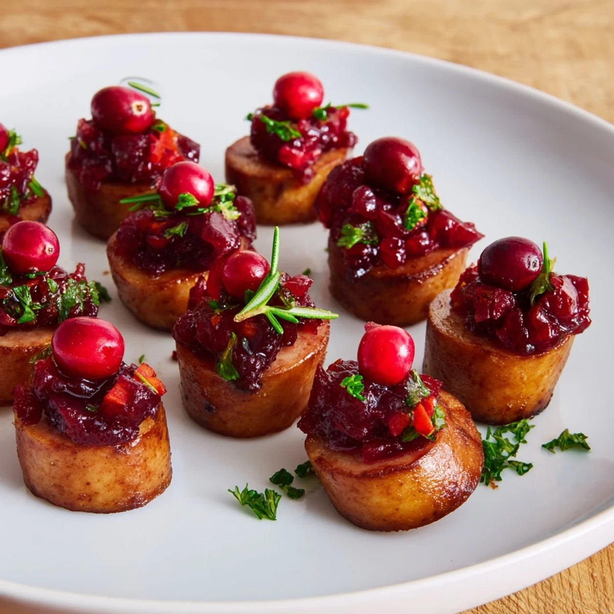 Close-up of savory Festive Holly Berry Sausage Bites; mini sausages with bright red cranberry topping and fresh rosemary.