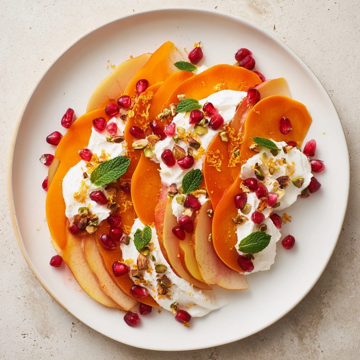 Sliced persimmons and pears create a winter snowscape in this beautiful dessert recipe.