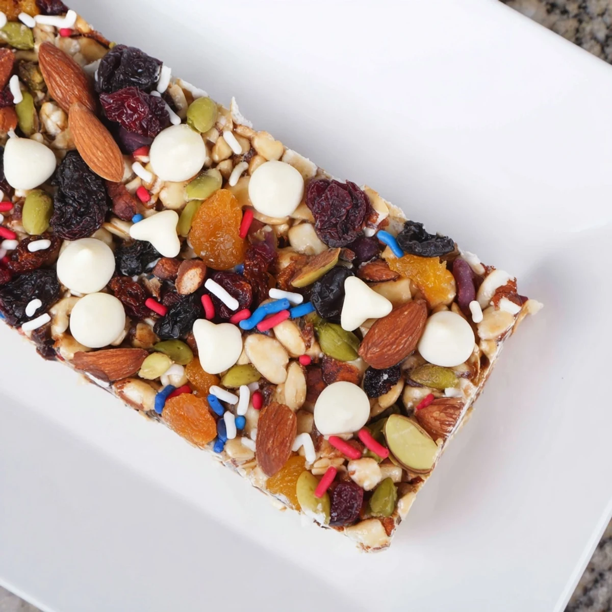 Winter Wonderland Trail Mix Bars, studded with white chocolate, offer a delightful holiday snack experience.