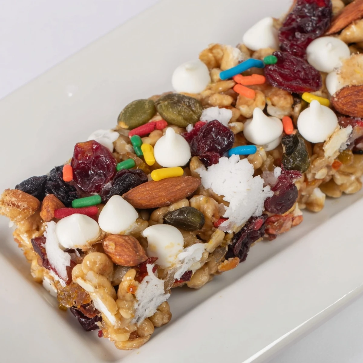 Enjoy the crunchy textures of Winter Wonderland Trail Mix Bars: sweet dried fruits and nutty goodness.
