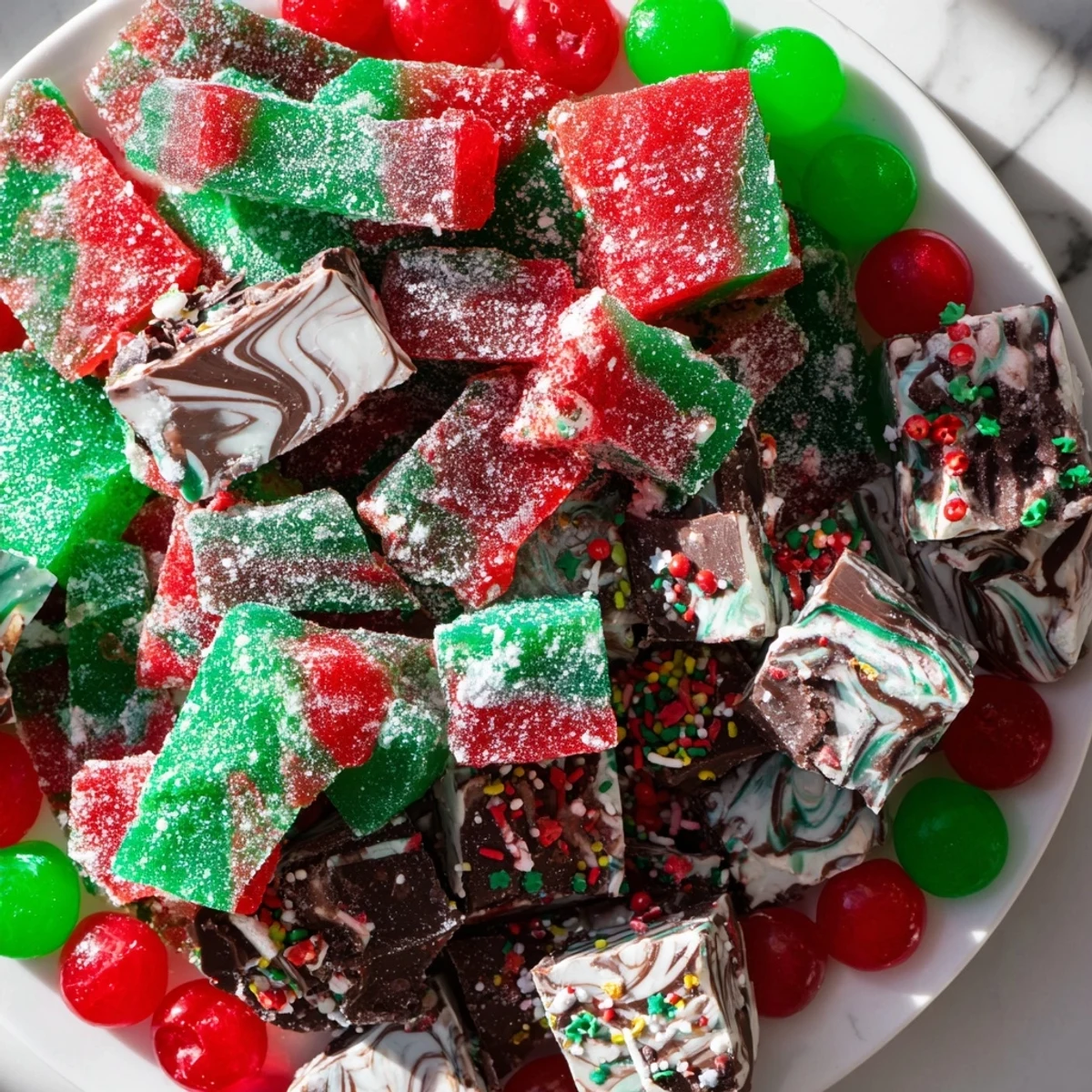 Vibrant Jingle Bell Rock Candy display with colorful, glittering treats for a festive holiday table.
