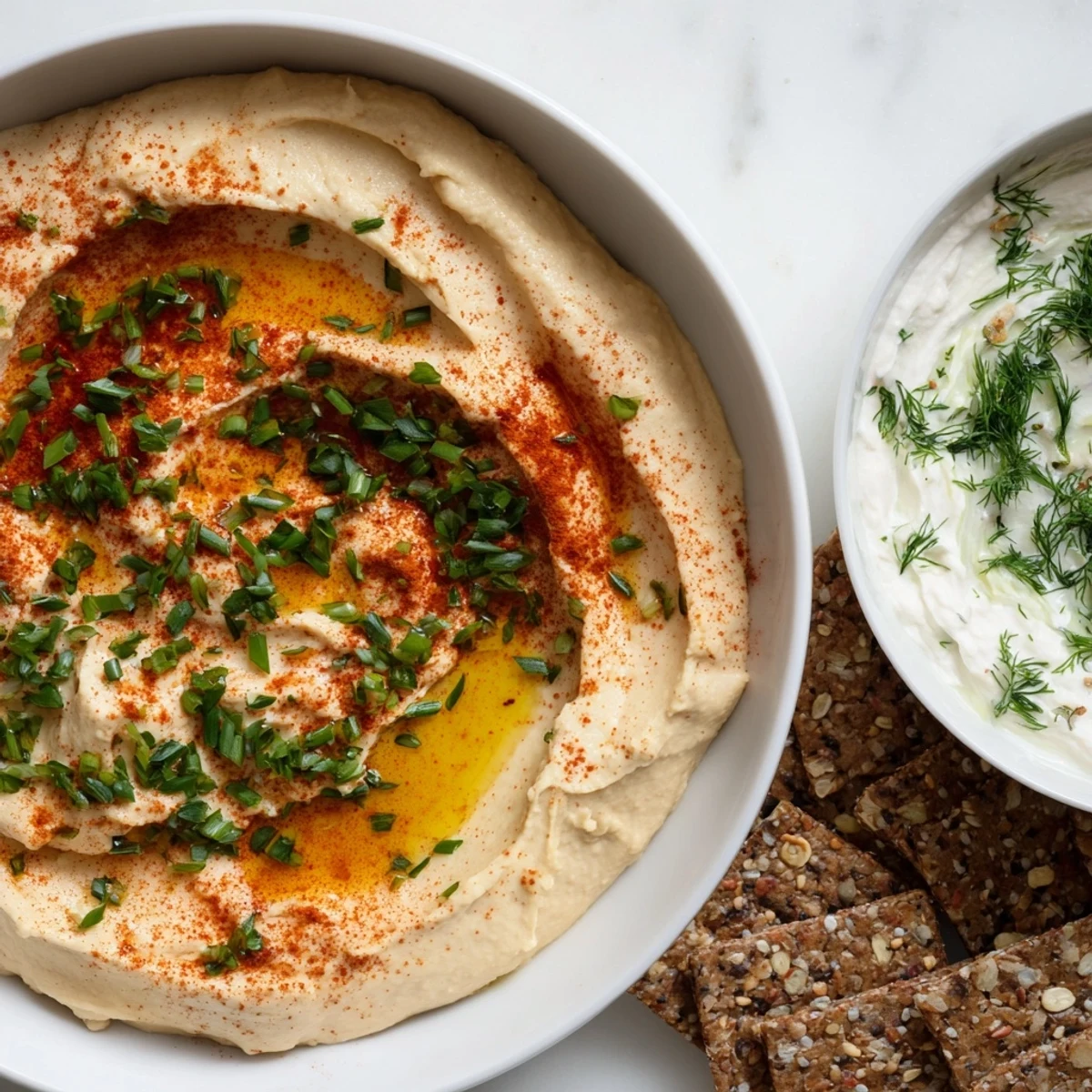 Get ready to dig in: a platter of Easy Dips with visible crackers, showcasing the two delicious side-by-side servings.