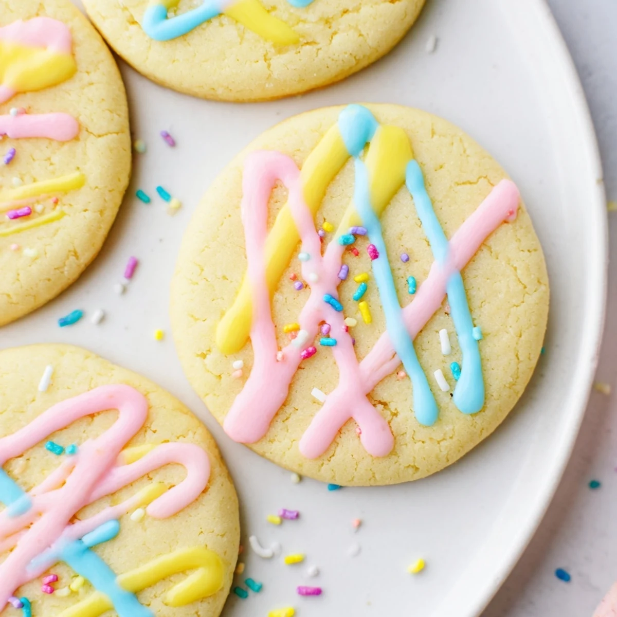 Golden sugar cookies with sweet colorful icing drizzle, perfect for a celebratory treat.