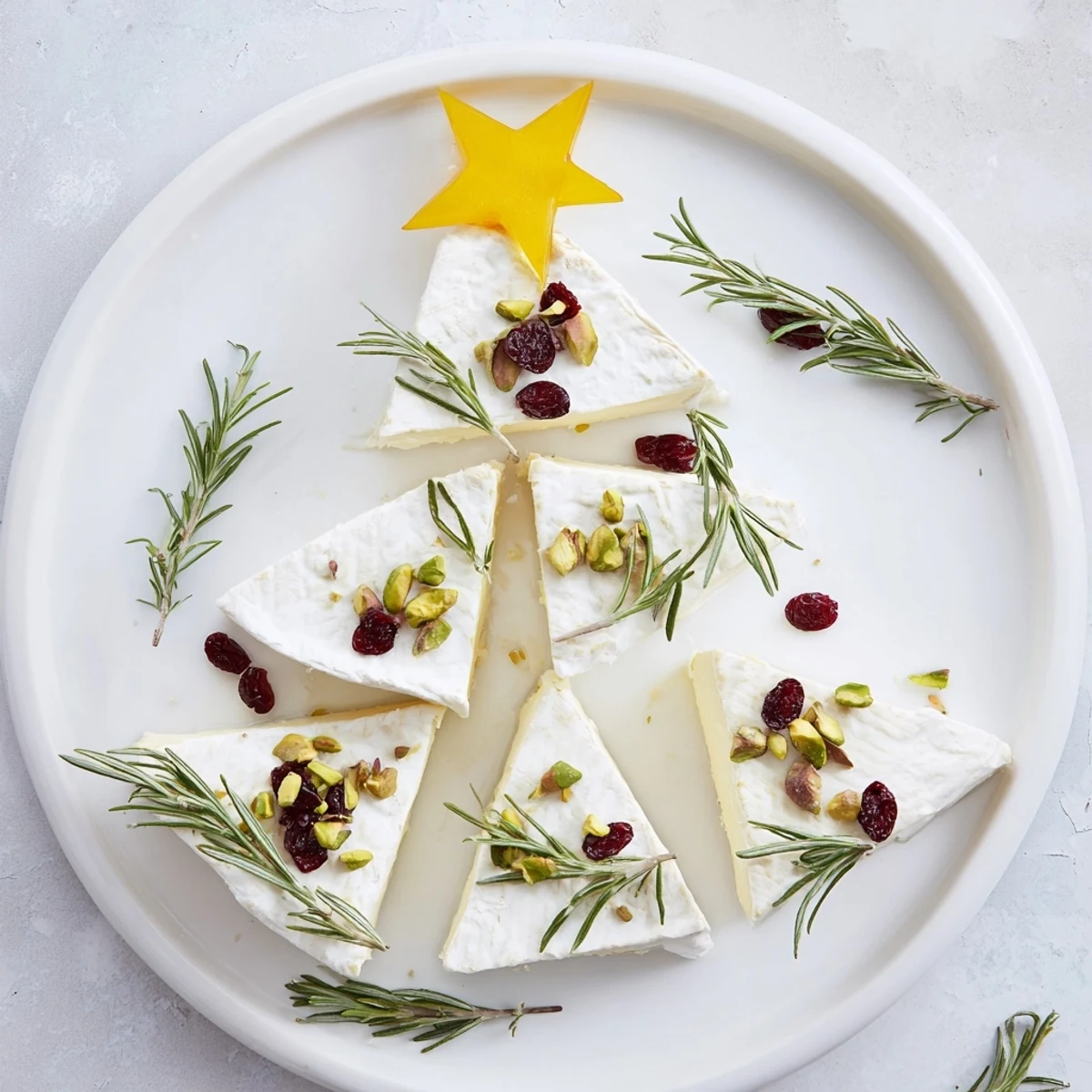 This festive Brie Triangle Cheese Tree displays soft Brie wedges, scattered with pistachios, perfect for parties.
