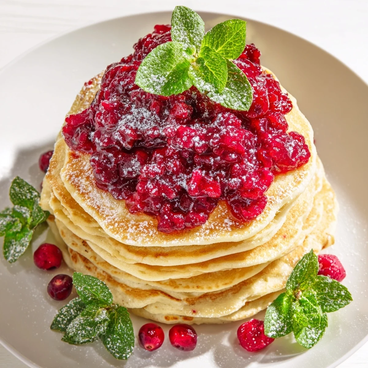 Fluffy Brunch Board: Pancake Stack topped with vibrant berry holly, ready to be enjoyed this weekend.