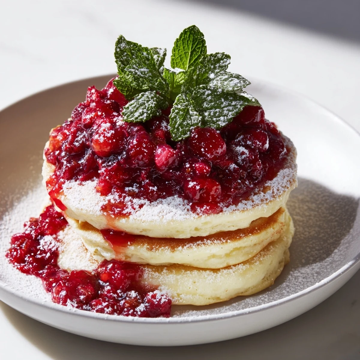 A beautiful Brunch Board: Pancake Stack with a festive berry holly garnish, perfect for a special breakfast.