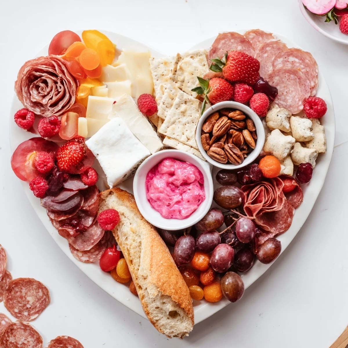 Romantic Heart of Romance Board overflowing with fresh fruits, cheeses, and cured meats for serving.