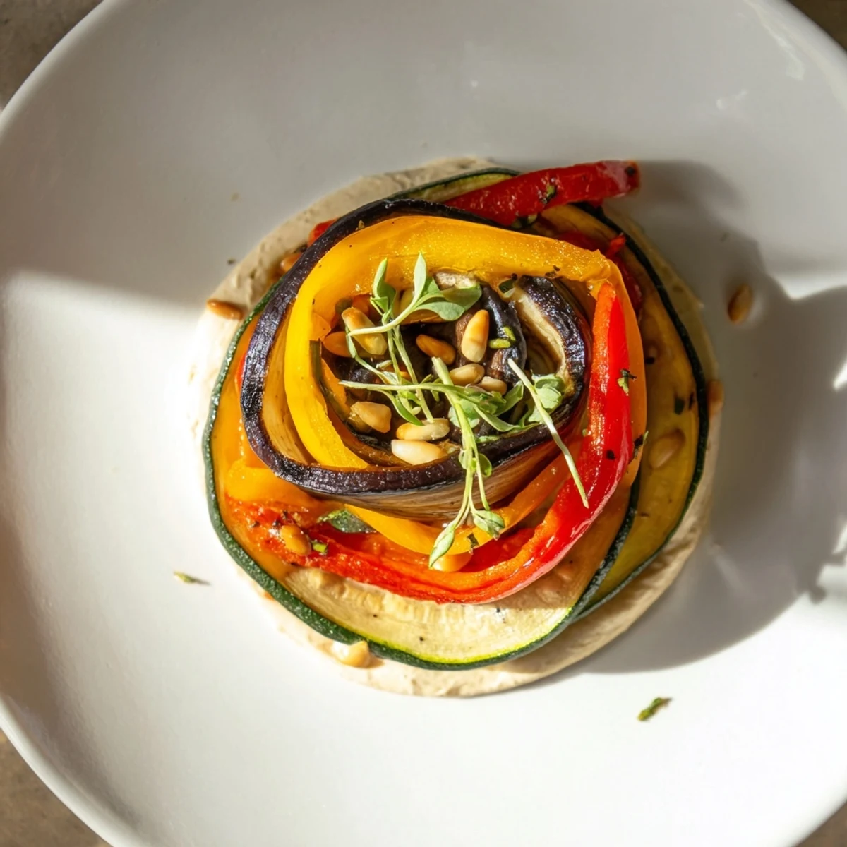 A close-up of the elegant Snail Shell Spiral appetizer, with vibrant roasted vegetables and a creamy cheese filling.