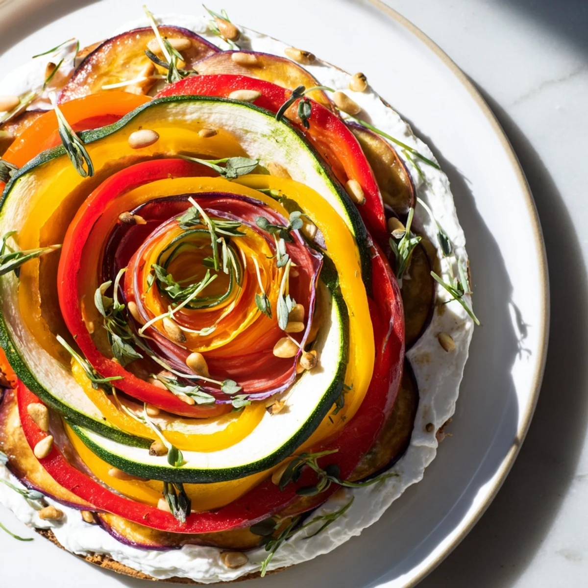 Arranging the roasted vegetables into an artistic spiral creates this gorgeous Snail Shell Spiral dish, a perfect appetizer.