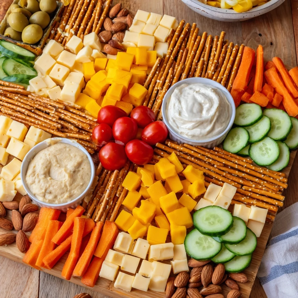 Enjoy a tasty Urban Grid, a creative platter of pretzel roads with savory meats, cheeses, and dipping sauces.