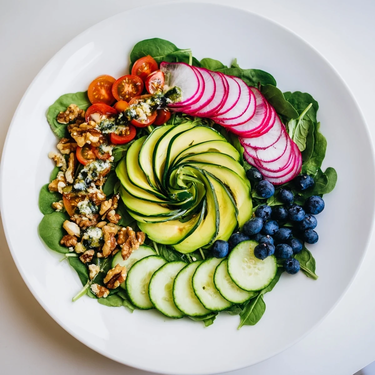 This beautiful Fibonacci Fan Salad features fresh greens, vibrant tomatoes, and a honey-lemon vinaigrette drizzled.