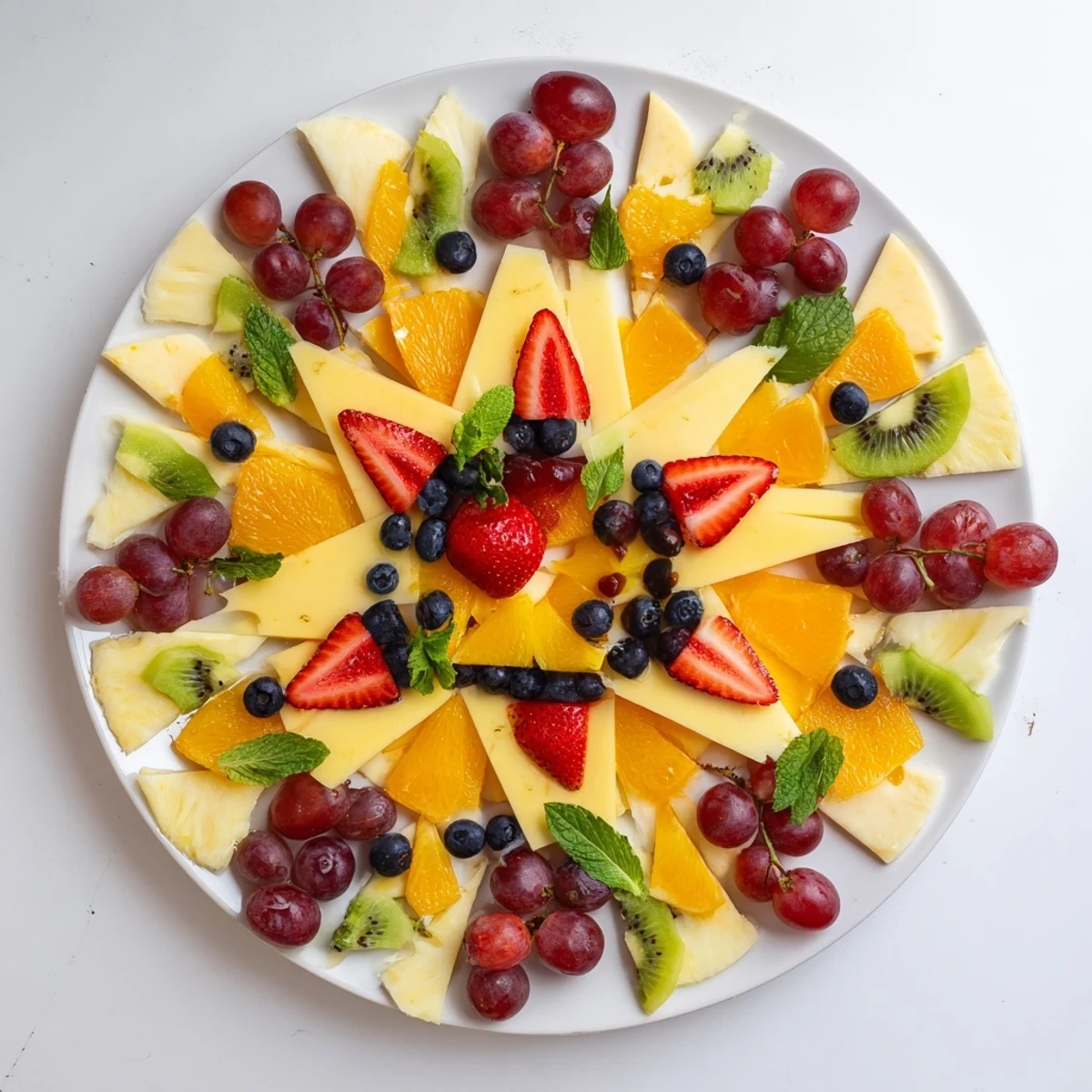Beautifully arranged Kaleidoscope Circle appetizer, featuring ripe strawberries and creamy goat cheese.