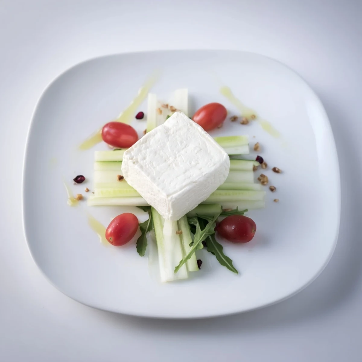 Fresh arugula and colorful vegetables arranged toward the Zenith Point, ready to pair with cheese.