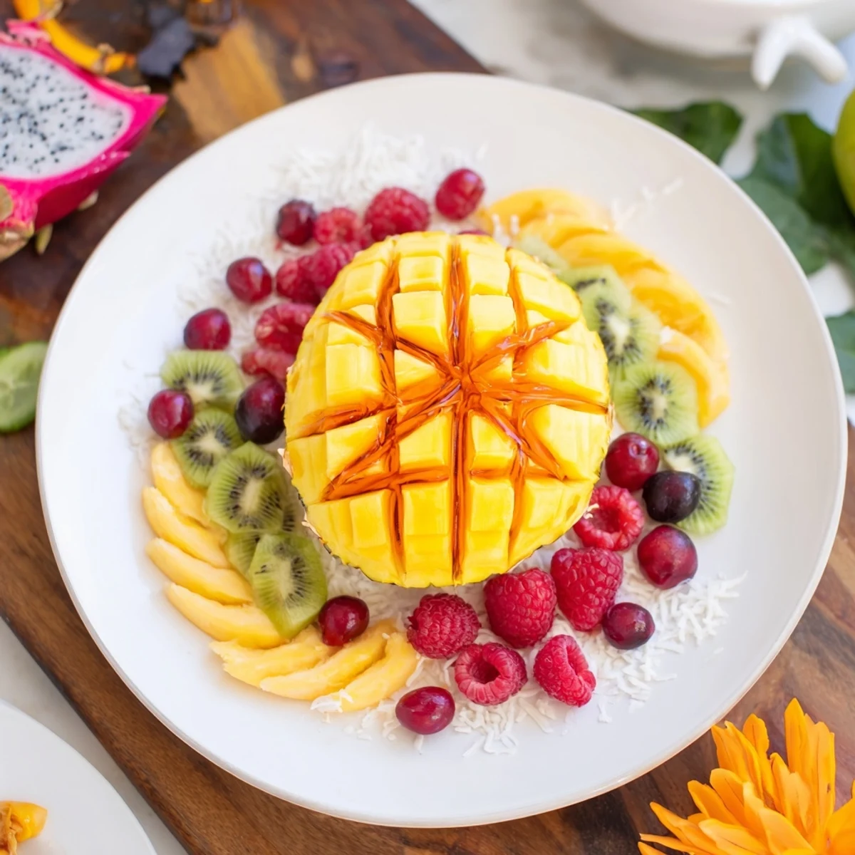 Vibrant Tropical Pineapple Paradise fruit platter ready to eat, with colorful slices and fresh mint.
