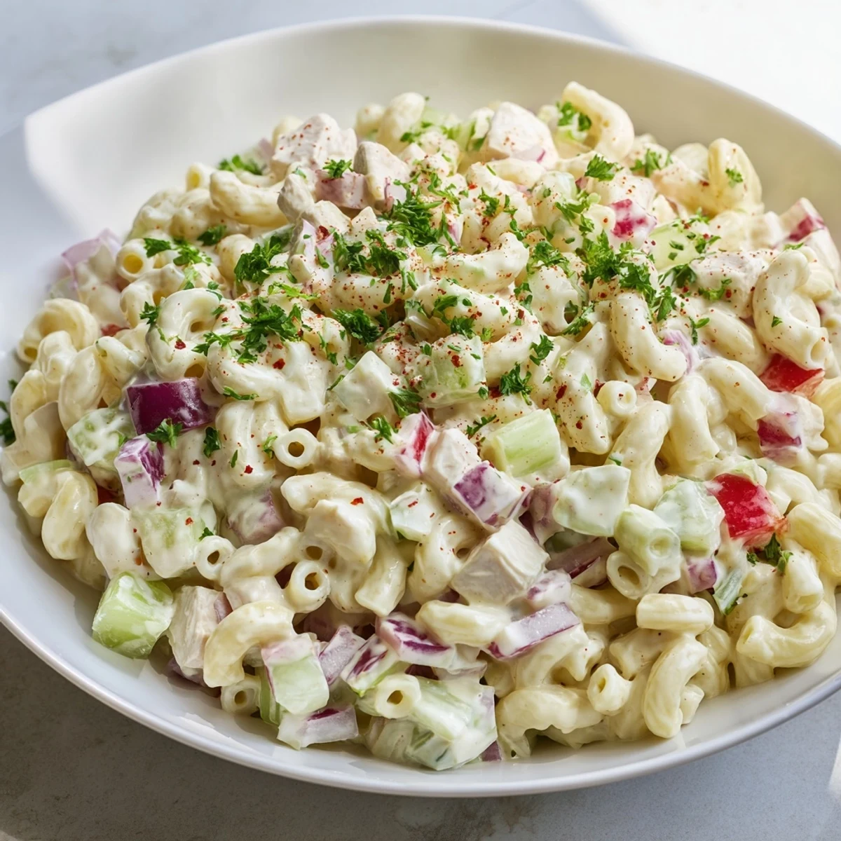 Tender Chicken Macaroni Holiday Salad, chilled and ready to serve, featuring diced red bell pepper.