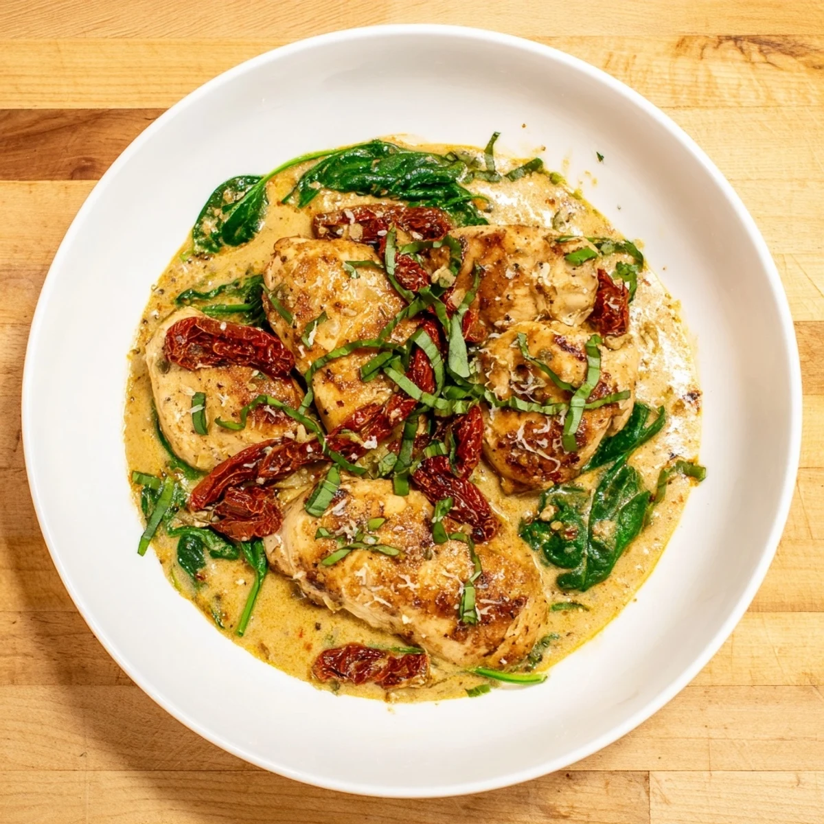 Golden seared Creamy Sun-Dried Tomato Chicken Skillet, swimming in a vibrant, creamy, red tomato sauce.