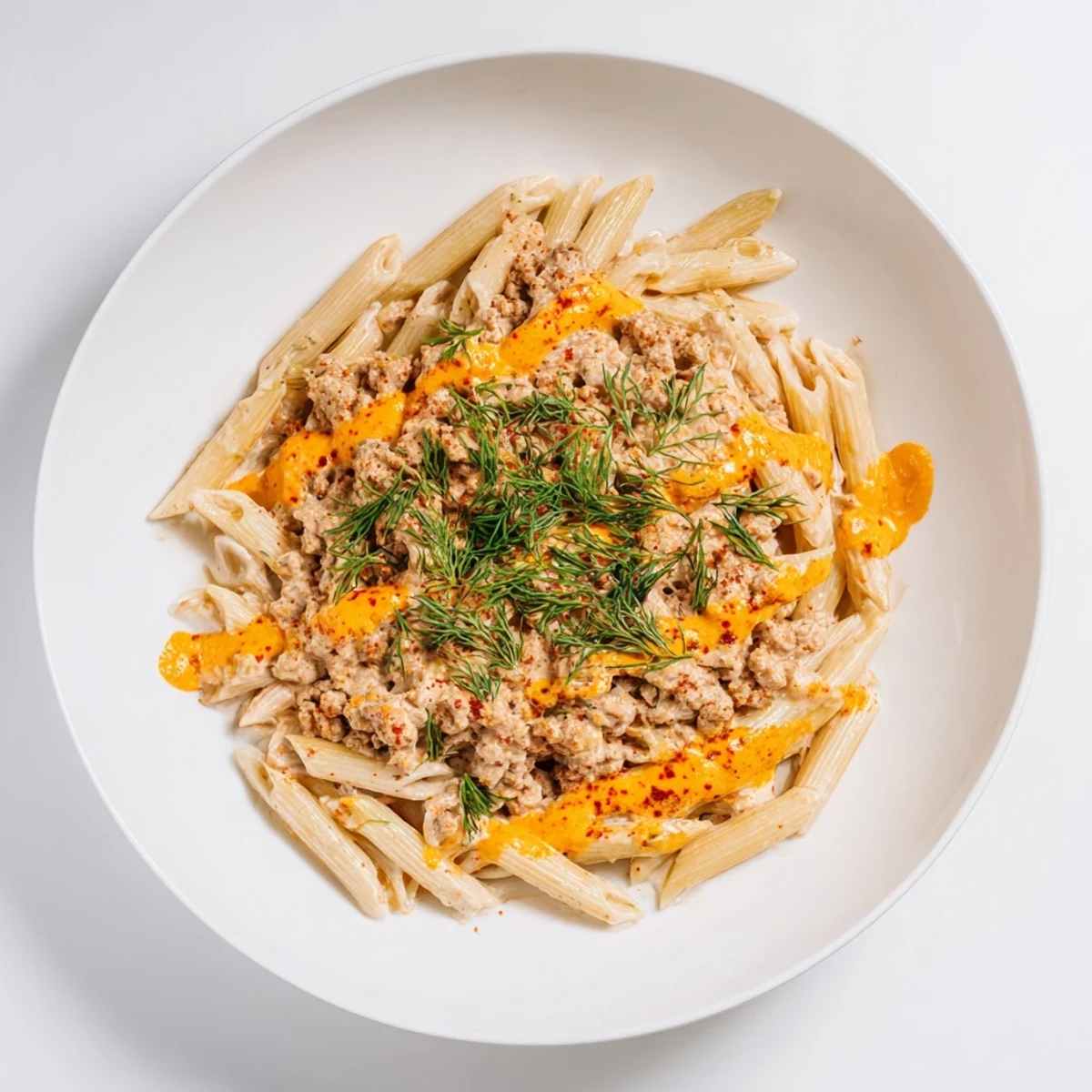 Steaming Turkish Pasta with Ground Turkey, garnished with fresh herbs and a vibrant paprika butter drizzle.