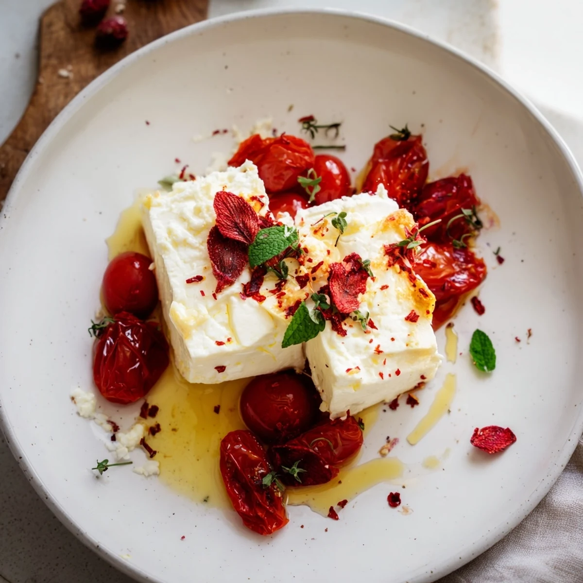 Creamy, baked feta 2.0 with roasted tomatoes and honey, a delicious Mediterranean main course.