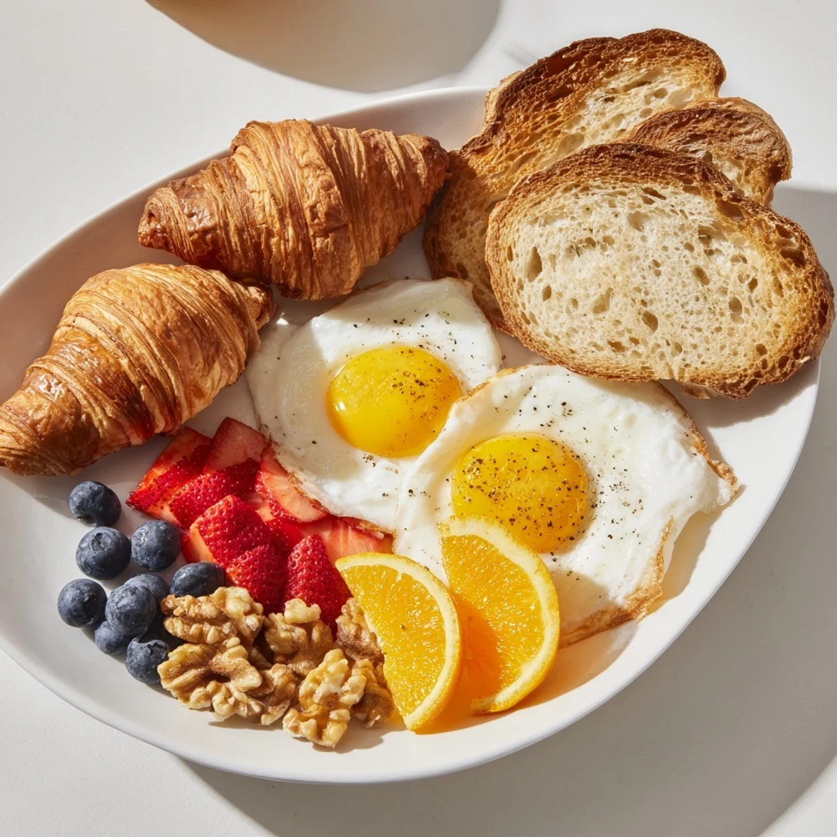 A colorful Soleil Matinal Breakfast Platter with fresh fruits, eggs, bread, and yogurt, ready to enjoy.