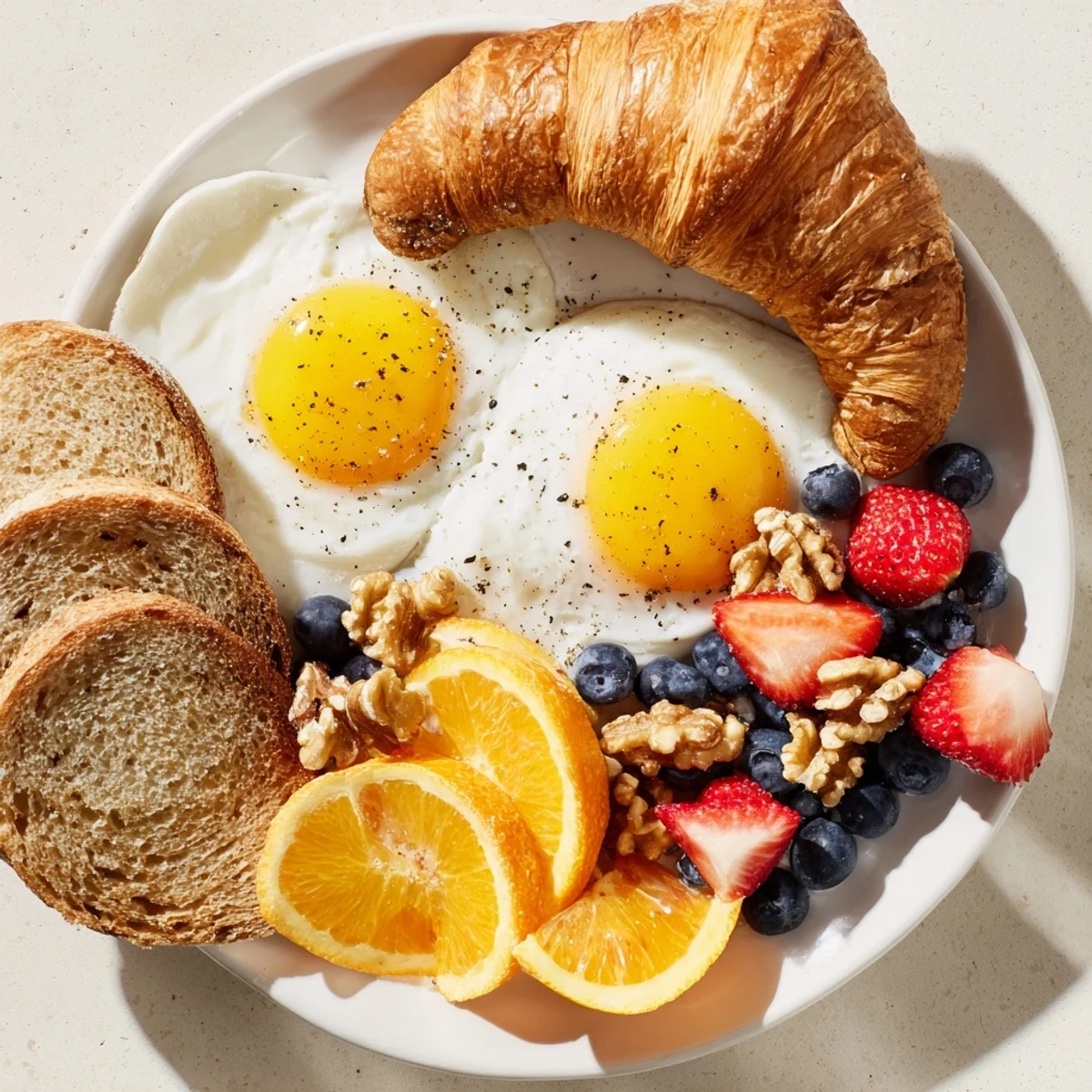 Bright and inviting Soleil Matinal Breakfast Platter, featuring toasted bread, sunny-side-up eggs, and honey-drizzled yogurt.