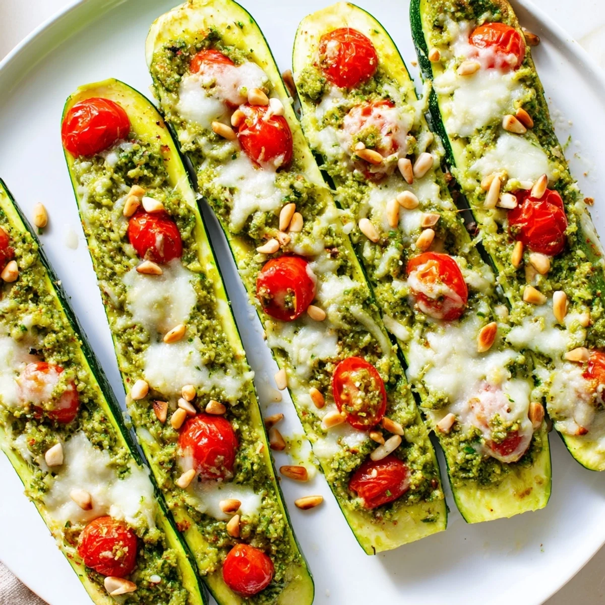 Steaming, cheesy pesto zucchini boats with tender zucchini and a beautiful golden crust, ready to serve.